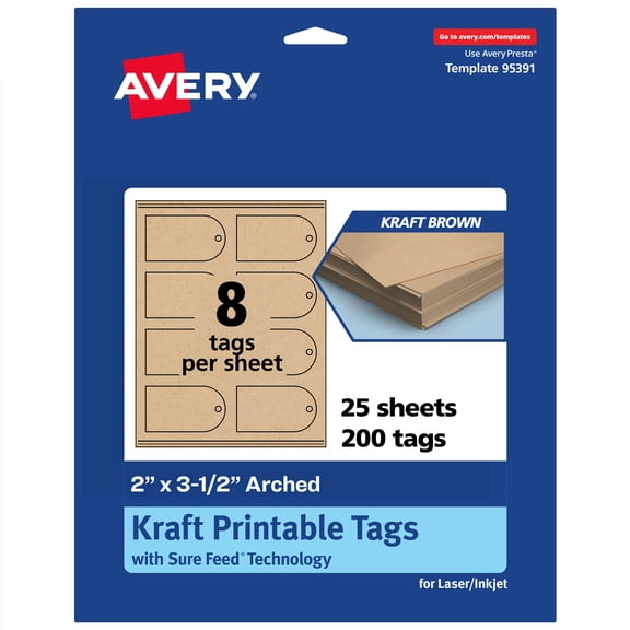 Avery Arched Printable Tags, 2" x 3-1/2", Kraft Brown, 200 Total