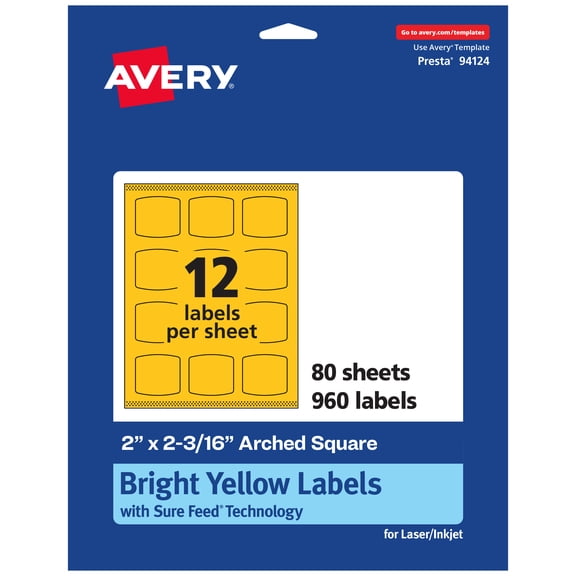 Avery Arched Square Labels, Bright Yellow, 2" x 2-3/16", 960ct