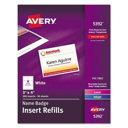 Avery-Avery Name Badge Insert Refills, Horizontal/Vertical, 3 x 4, White, 300/Box (5392)