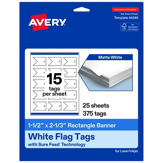 Avery Banner Flag Tags, 1-1/2" x 2-1/3", Matte White, 375 Total