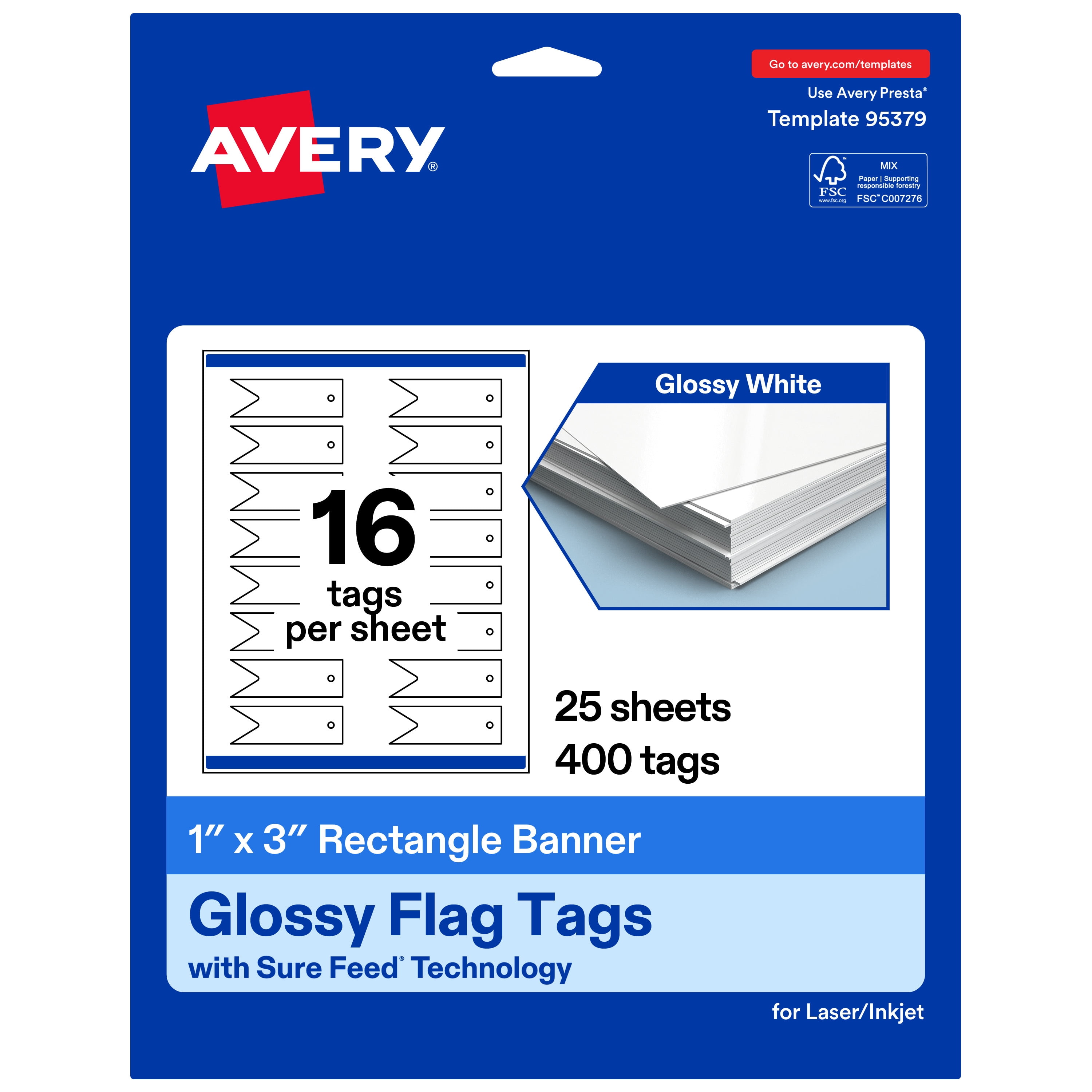 Avery Banner Rectangle Flag Tags, 1" x 3", Glossy White, 400 Total