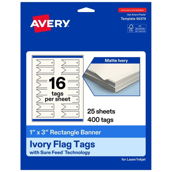 Avery Banner Rectangle Flag Tags, 1" x 3", Matte Ivory, 400 Total