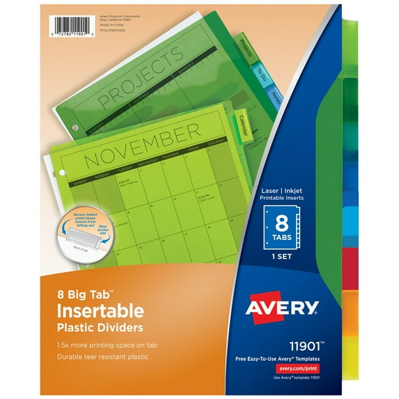 Avery 8-Tab Plastic Dividers, Big Tab, 1 Set (11901)