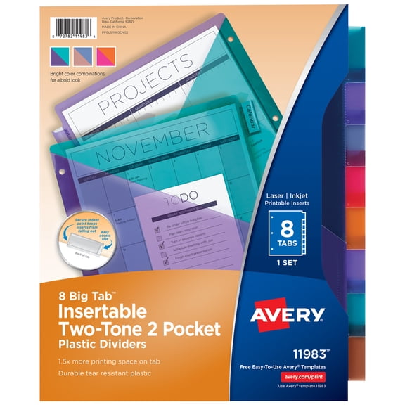 Avery® Plastic Dividers, Insertable Big Tab™, 8-Tab, Multicolor, 1 Set