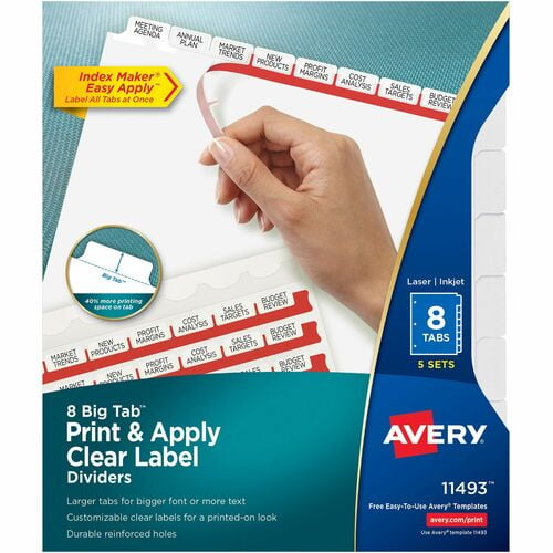Avery Big Tab Clear Label Index Maker Dividers, Print-on Tab(s), 8.5" Divider Width x 11" Divider Length, Letter (11493) | 2 Packs