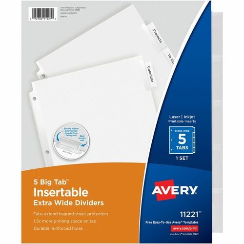 Avery® Big Tab Extra-Wide Insertable Dividers, 5 Blank Tab(s), 9" Divider Width x 11" Divider Length, 3 Hole Punched, Paper Divider (EW2135C) | 10 Sets (50 Total)
