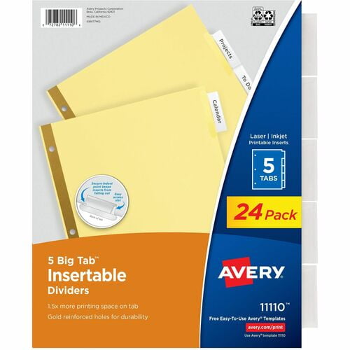 Avery Big Tab Insertable Dividers, 8.5" Divider Width x 11" Divider Length, Letter, 3 Hole Punched (11113) | 5 Boxes