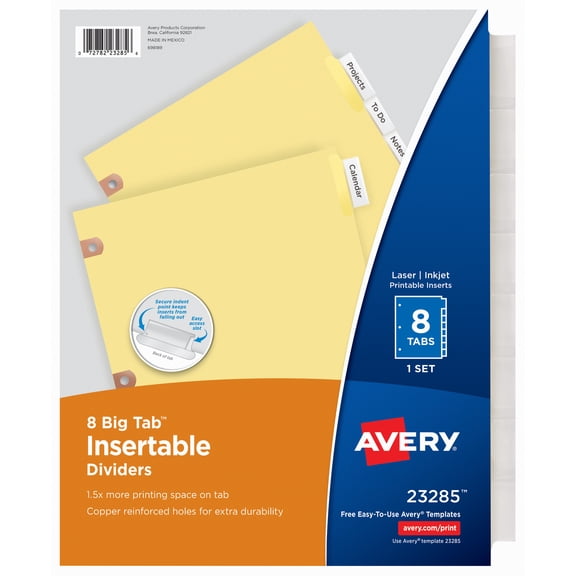 Avery Big Tab Insertable Dividers, Buff Paper, 8 Clear Tabs, Copper Reinforced Holes, 1 Set (23285)
