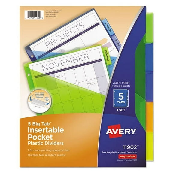 Avery Big Tab Insertable Dividers, Plastic, 9.25in X 11.125in, 1 Pocket, Multicolor, 5 Ct (2 pack)