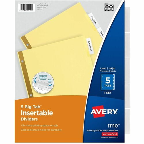 Avery® Big Tab Insertable Dividers - Reinforced Gold Edge, 5 Blank Tab(s), 8.5" Divider Width x 11" Divider Length, Letter (CI2135C) | 2 Sets (10 Total)