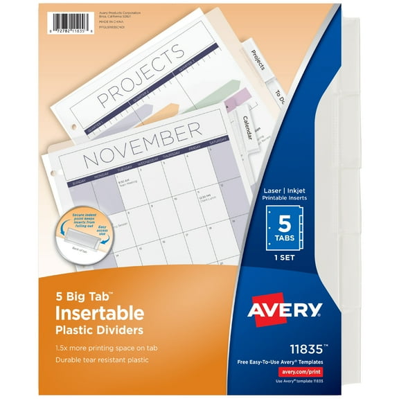 Avery Big Tab Insertable Plastic Dividers, 5-Tab Set, Clear (11835)