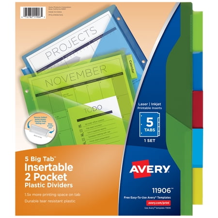 Avery Big Tab Insertable Plastic Dividers, 5-Tab, Two-Pocket, Multicolor (11906)