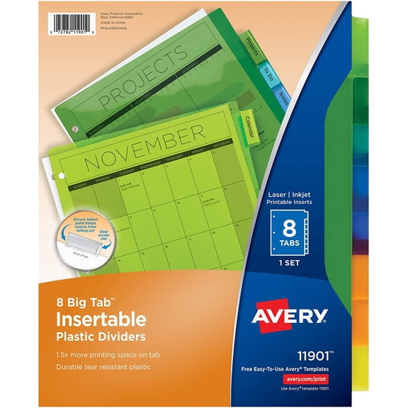 Avery Big Tab Insertable Plastic Dividers, 8 Multicolor Tabs, Case Pack of 24 Sets 11901