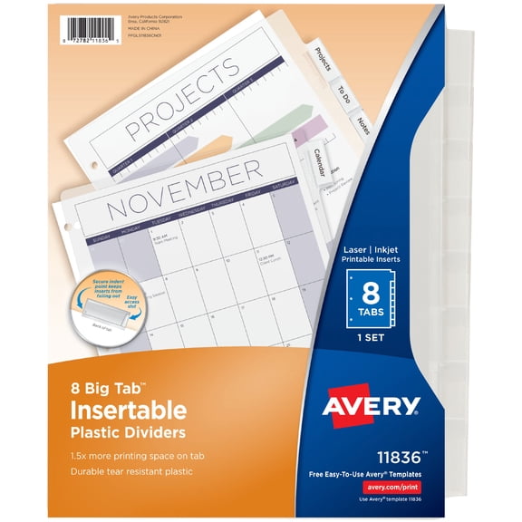 Avery Big Tab Insertable Plastic Dividers, 8-Tab Set, Clear (11836)