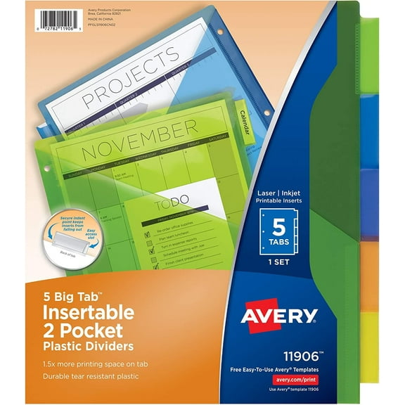 Avery Big Tab Insertable Two-Pocket Plastic Dividers, 5 Multicolor Tabs, Case Pack of 24 Sets 11906