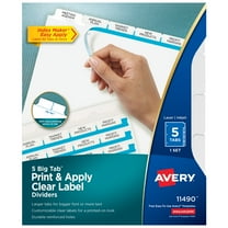 Avery Big Tab Print & Apply Clear Label Dividers, Index Maker Easy Apply Printable Label Strip, 5 White Tabs (11490)