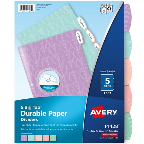 Avery Big Tab Printable Label Dividers, 5-Tab, Pastel, 1 Set