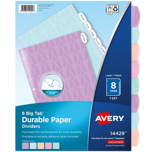 Avery Big Tab Printable Label Dividers, 8-Tab, Pastel, 1 Set