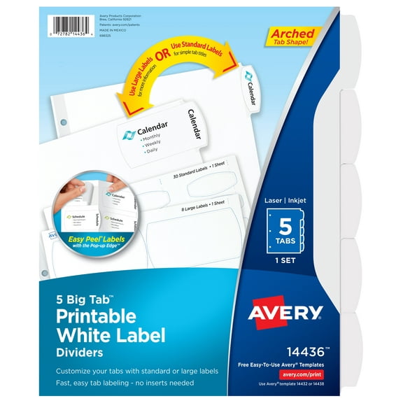 Avery Big Tab Printable Label Dividers, Easy Peel, 5-Tab Set (14436)