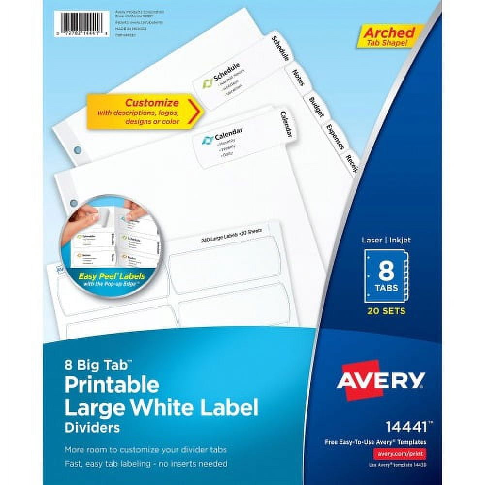 Avery Big Tab Printable Large White Dividers with Easy Peel, 8 Tabs 160 ...