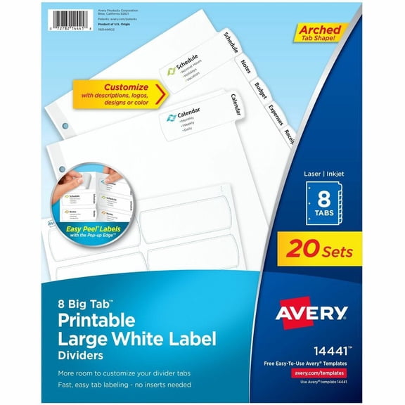 Avery 8-Tab Large White Label Dividers, Big Tabs (20 Sets of 14441)