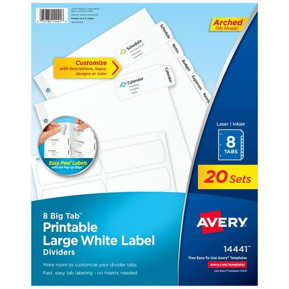 Avery 8-Tab Large White Label Dividers, Big Tabs (20 Sets of 14441)