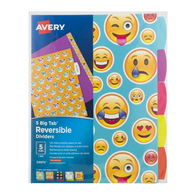 Avery Big Tab Reversible Fashion Dividers, Emojis, 5Tab Set (24974
