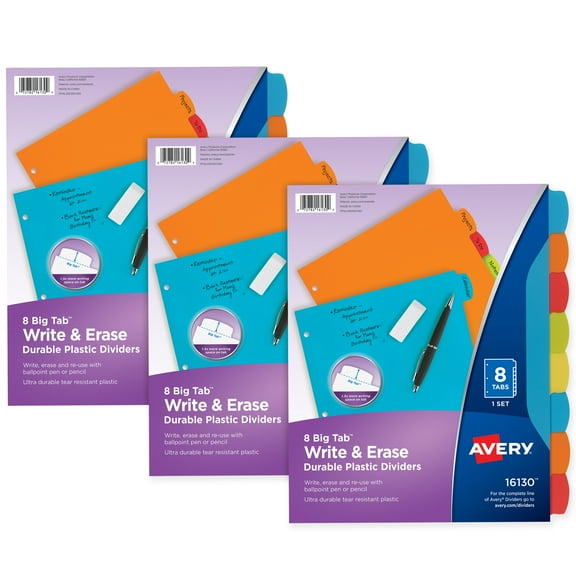 Avery Big Tab Write & Erase Plastic Dividers, 3 Sets (21210)