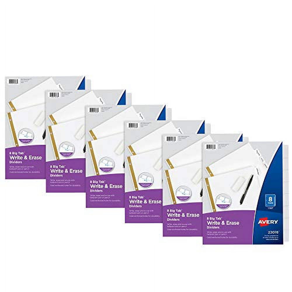 Avery Big Tab Write & Erase Paper Dividers with Gold Reinforcement, 8Tab Set, White, 6 Sets