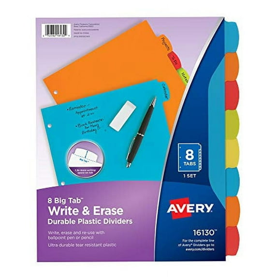Avery Big Tab Write and Erase Durable Plastic Dividers, 8-Tab, 11 x 8.5, Assorted, 1 Set (16130)