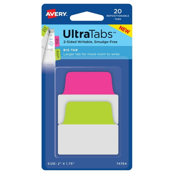 Avery Big Ultra Tabs, 2" x 1.75", Repositionable, 2-Sided Writable, Neon Color, 20 Tabs (74764)