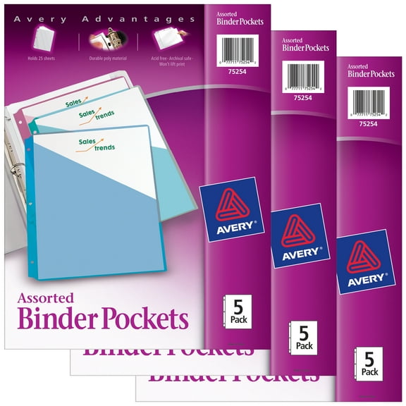 Avery Binder Pockets, Assorted Colors, 8.5" x 11", Acid-Free, Durable, 15 Total Slash Jackets, 3 Packs (75254)