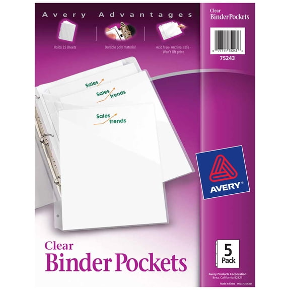 Avery Binder Pockets, Clear, 8.5" x 11", 15ct (75296)
