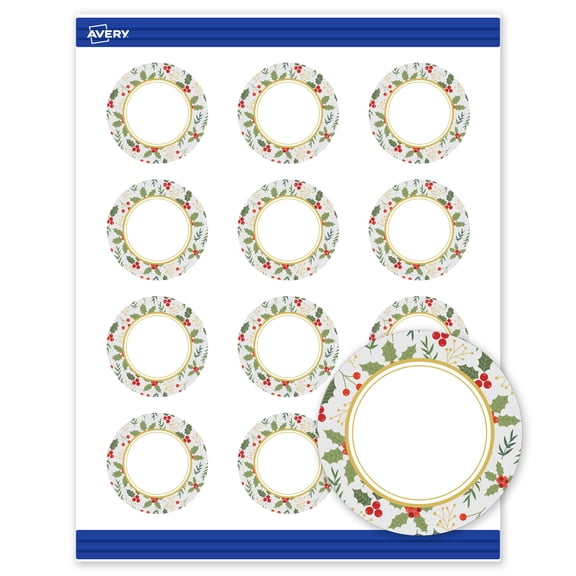 Avery Business Cards, 2" Diameter, Matte White, Blue/Gold Frame