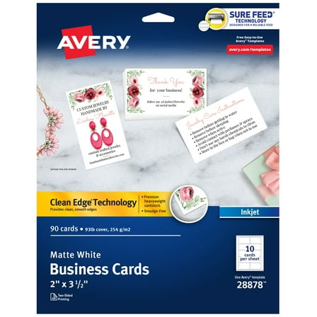 Avery Business Cards, Clean Edge, Matte White, 2" x 3.5", Paper, Inkjet, Pack of 90 Cards