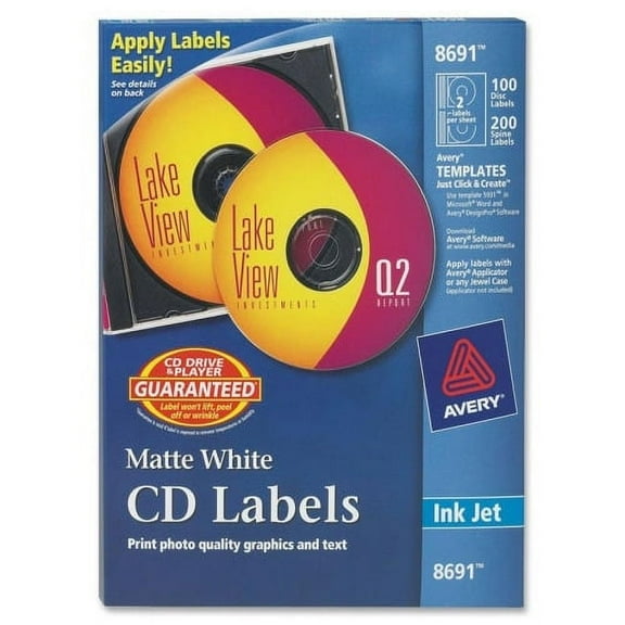 Avery CD Labels, Matte White, 100 Disc labels & 200 Spine labels (8691) White - 100 / Pack