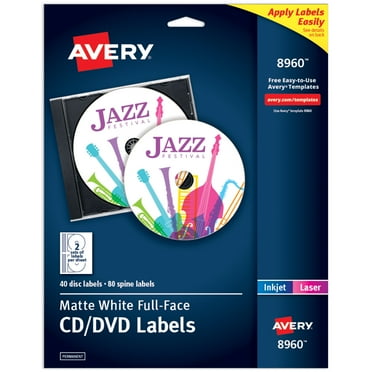 Avery CD Labels, Print to the Edge, Permanent Adhesive, Matte, 40 Disc Labels and 80 Spine Labels (8960)