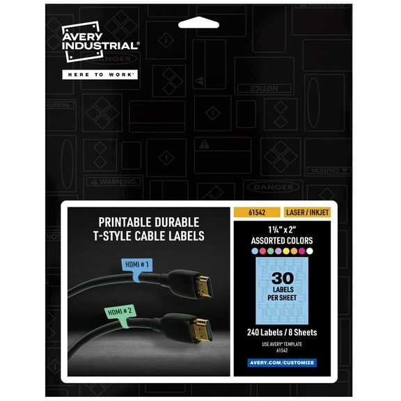 Avery Cable Labels, T-Style, 1.25" x 2", 8 Colors, 240ct (61542)