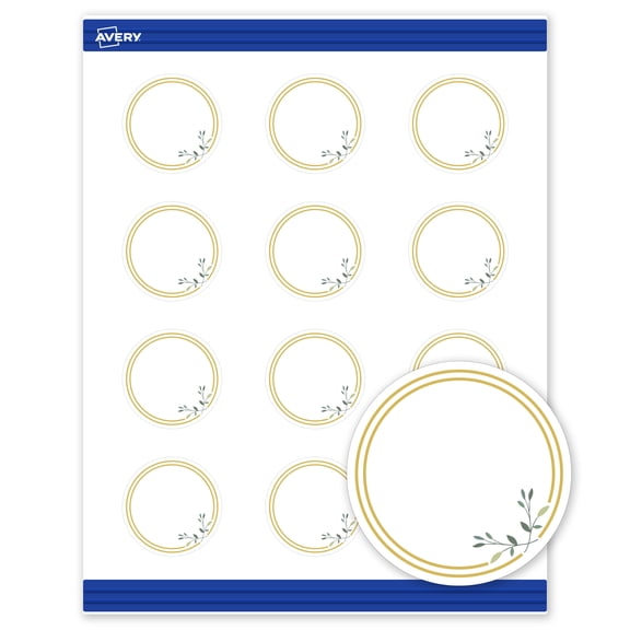 Avery Cards, 2" Diameter, Matte White, Double Gold Border/Florals