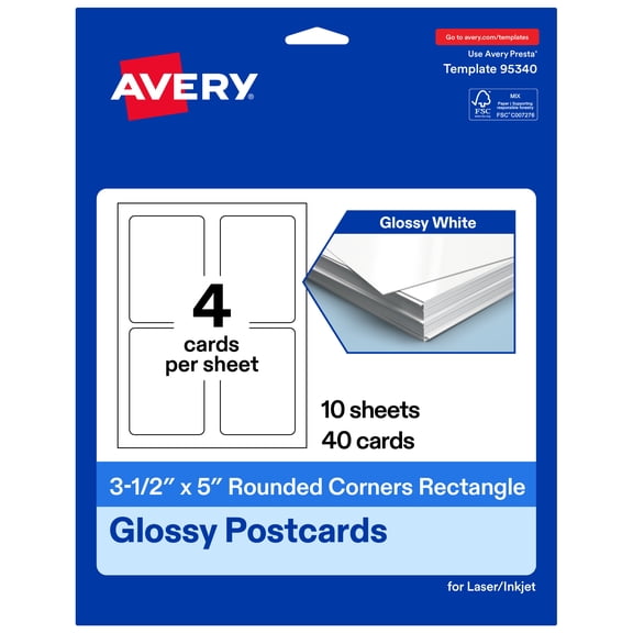Avery Cards with Rounded Corners, 3.5" x 5", Glossy White, 40ct