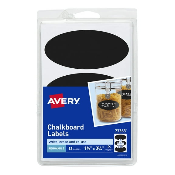 Avery Chalkboard Labels, Oval, 1.75" x 3.75", Plastic, Removable, Black, Handwrite, 12 Labels