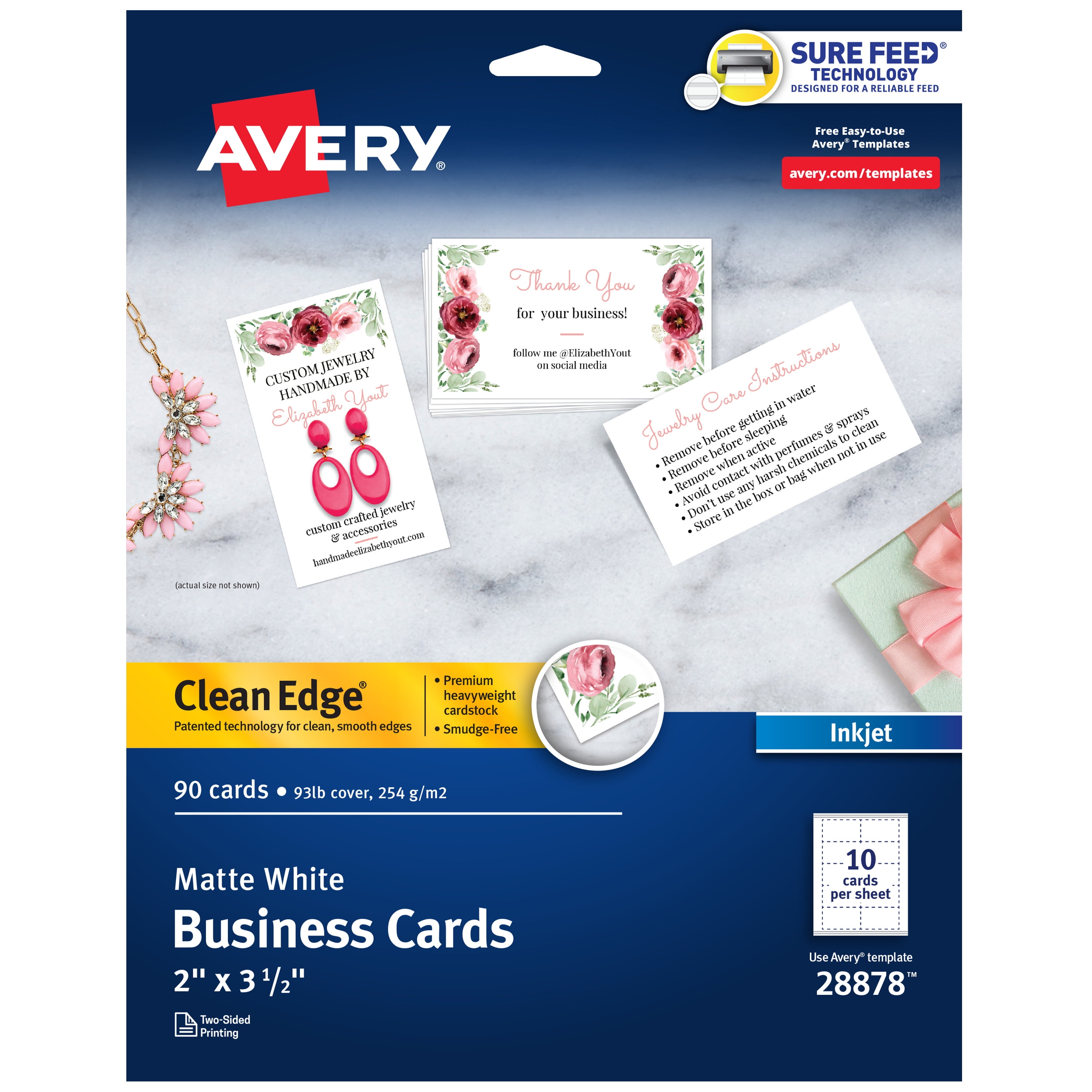 Avery Clean Edge Business Cards, True Print Matte, Two-Sided Printing, 2 x 3-1/2, 90 Cards (28878)