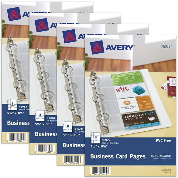 Avery Clear Business Card Organizer Pages for 5.5" x 8.5" Mini Binders, Pack of 5 Holds 40 Cards, 4 Packs, 20 Pages Total (76025)