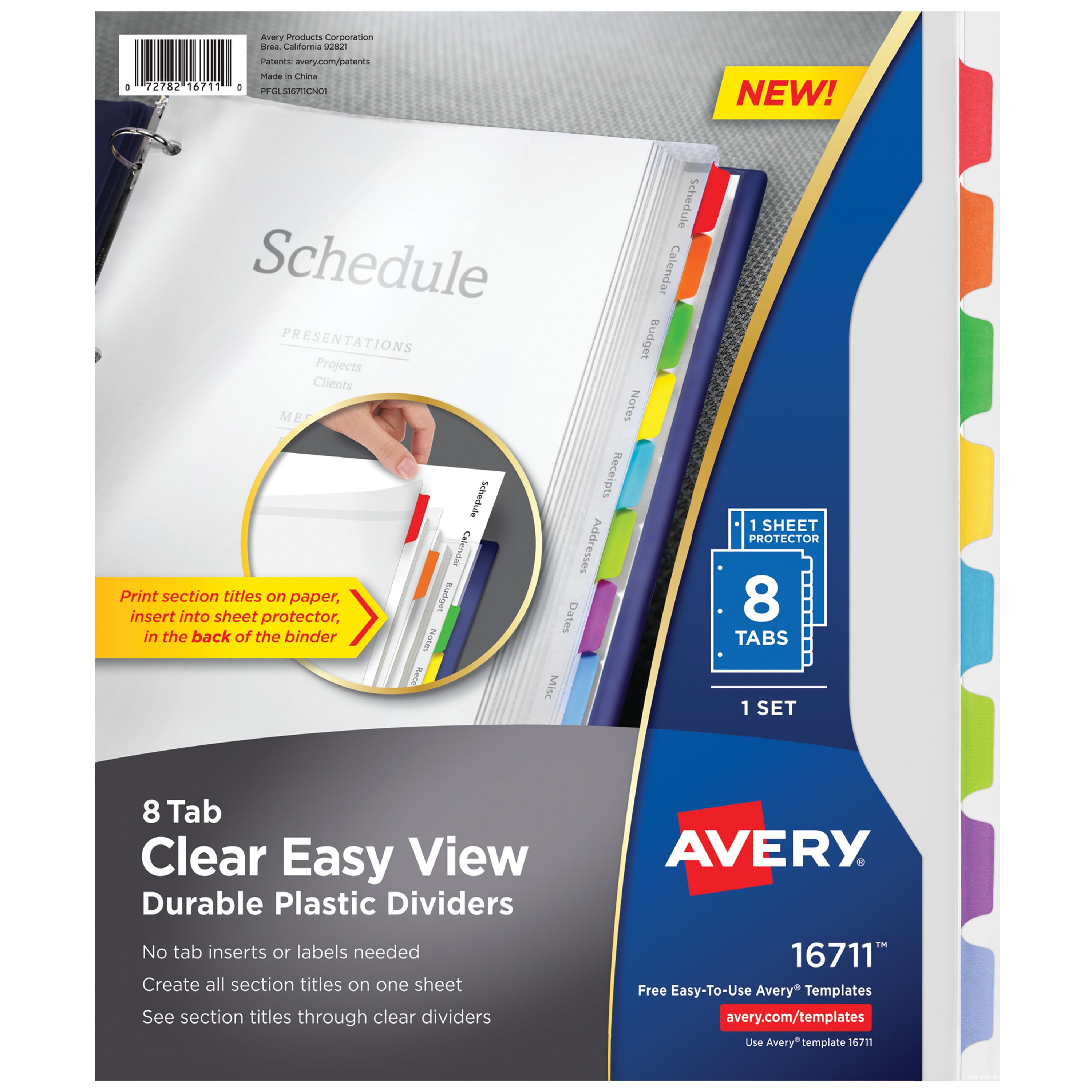 Avery Clear Easy View Divider, 8-Tab, Plastic, Clear Body, Multicolor Tabs, 1 Set