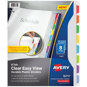 Avery Clear Easy View Divider, 8-Tab, Plastic, Clear Body, Multicolor Tabs, 1 Set