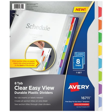 Avery Clear Easy View Divider, 8-Tab, Plastic, Clear Body, Multicolor Tabs, 1 Set