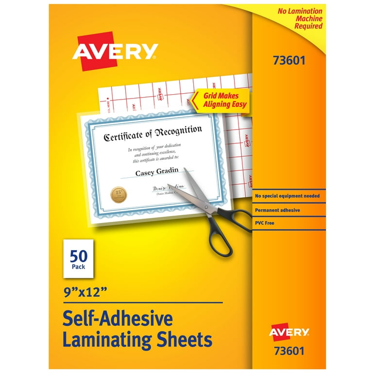 Avery 73601 Self-Adhesive Laminating Sheets, 9 x 12 Inch, Permanent  Adhesive, 50 Clear Laminating Sheets