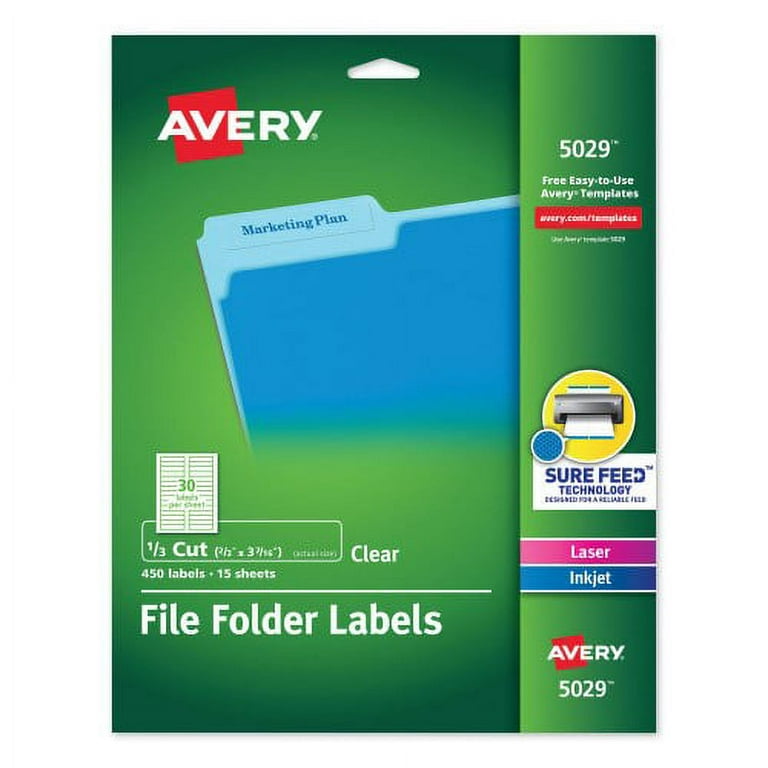 Clear Permanent File Folder Labels with Sure Feed Technology, 0.66 x 3.44, Clear, 30/Sheet, 15 Sheets/Pack Clear Permanent File Folder Labels with Sure Feed Technology, 0.66 x 3.44, Clear, 30/Sheet, 15 Sheets/Pack