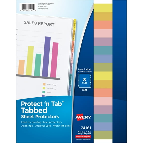 Avery Clear Protect 'n Tab Tabbed Sheet Protector Dividers, 8-Tab Set, Top Load, Polypropylene, 8 Page Protectors (74161)