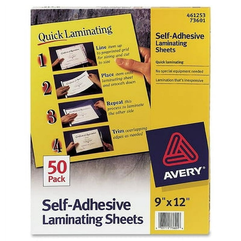 AVE73601, Avery® 73601 Clear Self-Adhesive Laminating Sheets, 3 mil, 9 x  12, Matte Clear, 50/Box